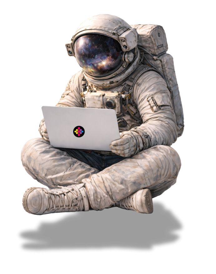 Astronaut with laptop searching for clients