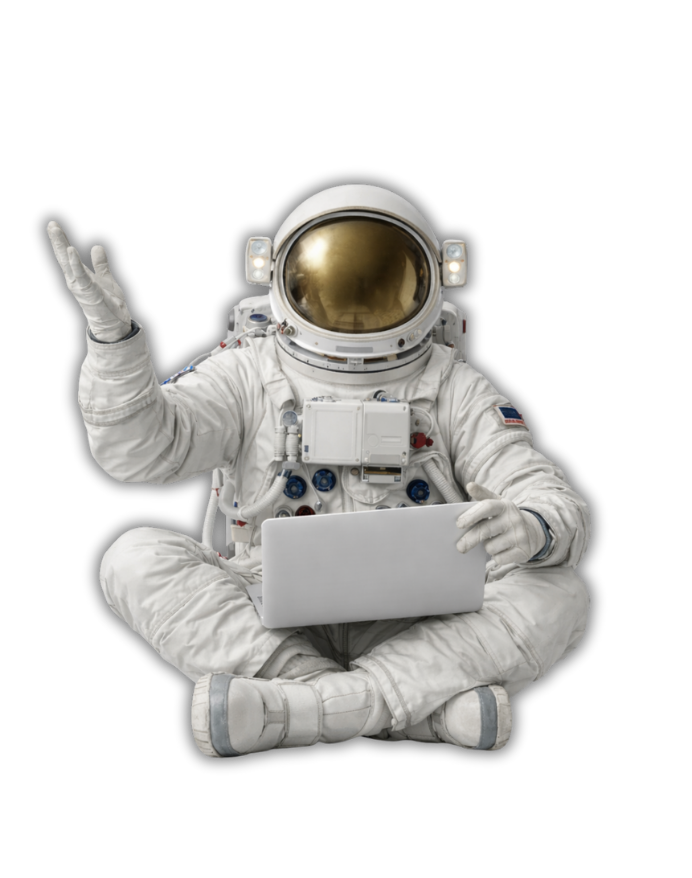 Astronaut sitting with laptop and explaining about our services
